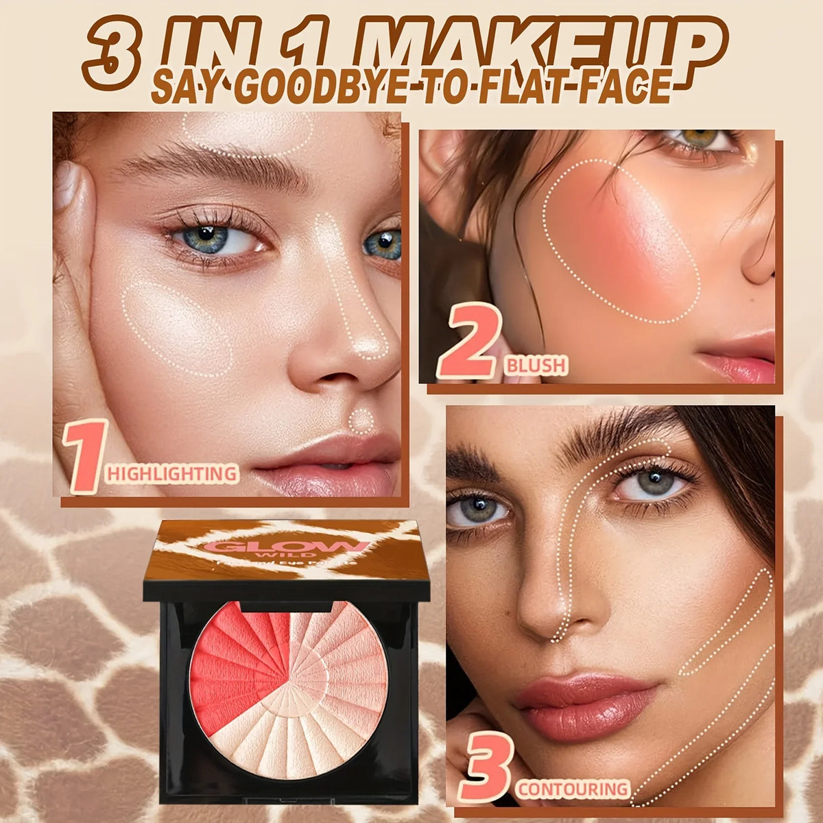 Blush Makeup Palettes, Highlighter Bronze Blush Powder, 3 in 1 Palette Matte Shimmer Glow illuminator Powder Face Highlighter