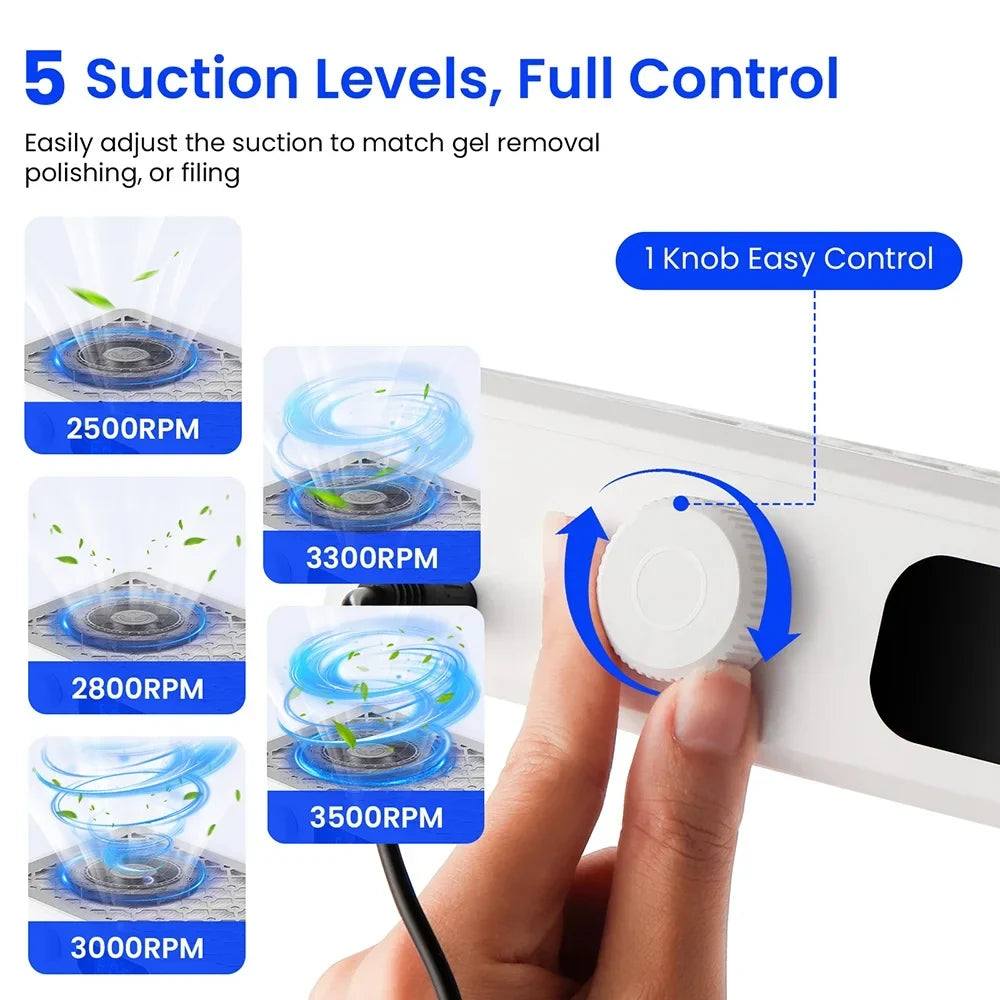 2500/2800/3000/3300/3500rpm Speed Adjustable Brushless Nail Dust Extractor Powerful Twin Turbo Vacuum Nail Dust Collector