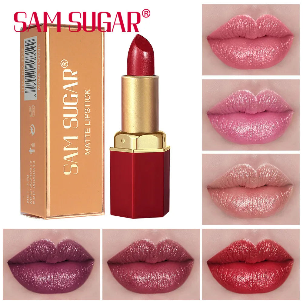 6 Colors Gold Bar Lipstick Diamond Pearlescent Glitter High Shine Non Sticky Long Lasting Pink Lips Makeup