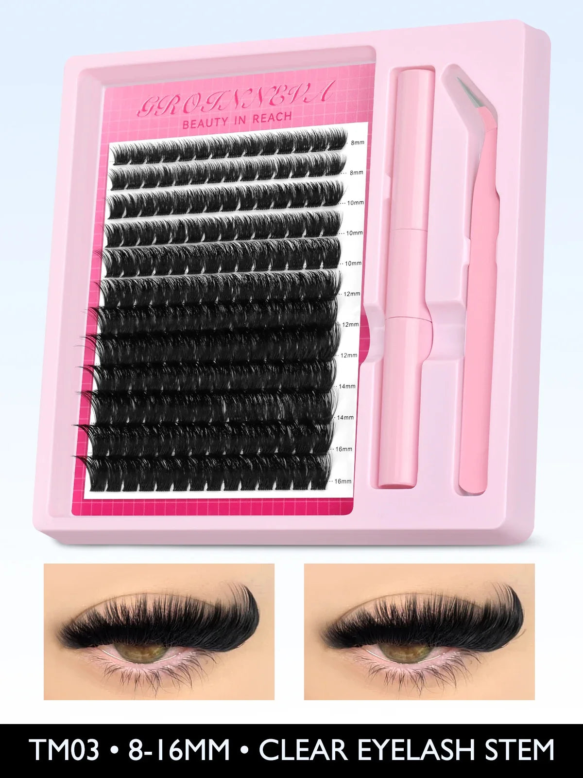 GROINNEYA Lash Clusters Kit Fluffy Individual Lashes C Curl Cluster DIY Lash Extension Kit Lash Bond and Seal Eyelash Extensions