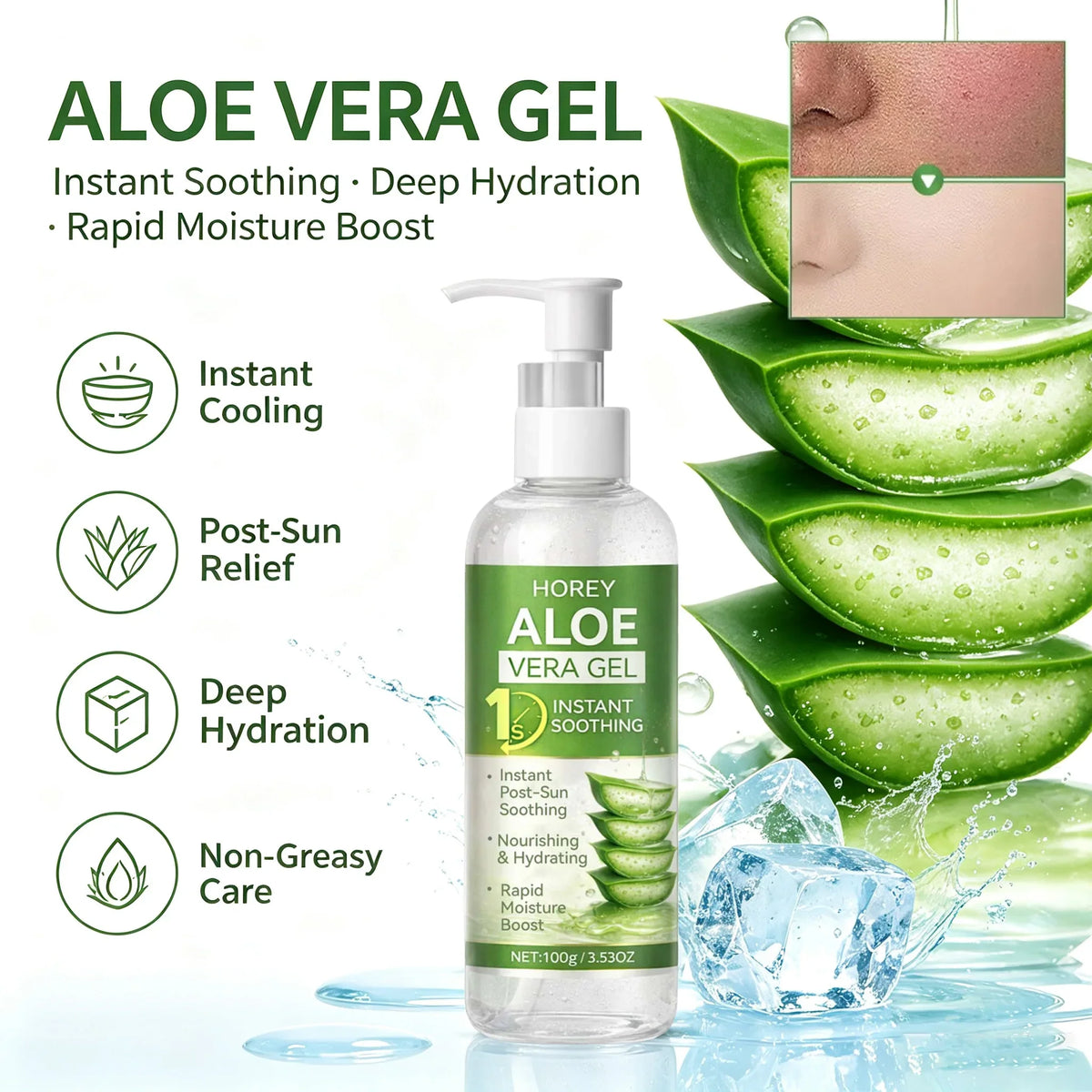 Aloe Vera Gel Instant Soothing After-Sun Moisturizing Hydrating For Face & Body Refreshing Hydrates Dry Skin with Aloe Water