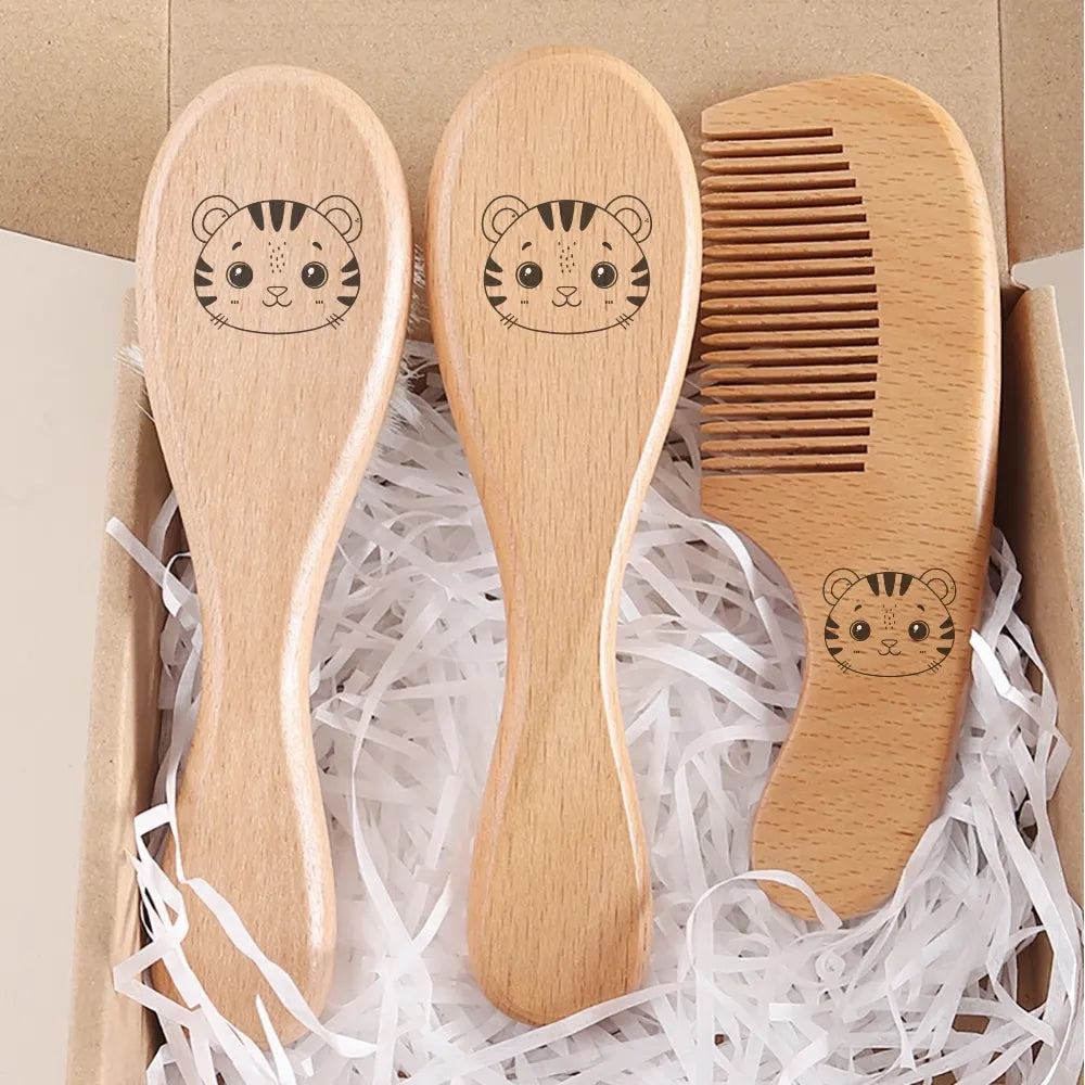 Engraved Panda Baby Hair Brush  Natural Wool Wooden Comb Air Cushion Brush Newborn Baby Shower Gift