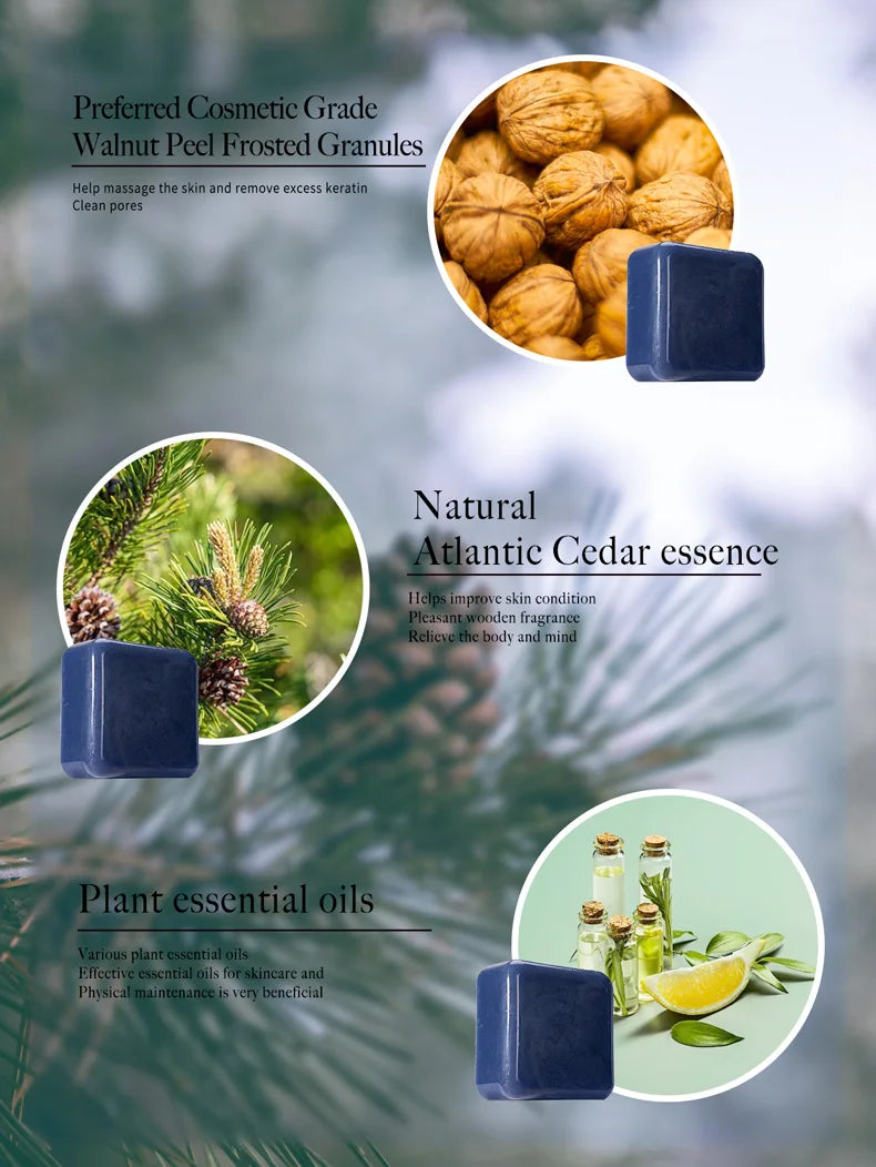 Cedrus Atlantica Scrub Soap for Men Anti-Acne Herbal Olive Oil Face Wash with Floral Pattern for Adults