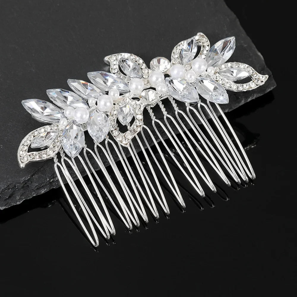 Floral Pearl Rhinestone Hair Comb Elegant Metal Leaf Bridal Hair Clip Pins Wedding Hair Accessory for Bride Updo Hairstyle