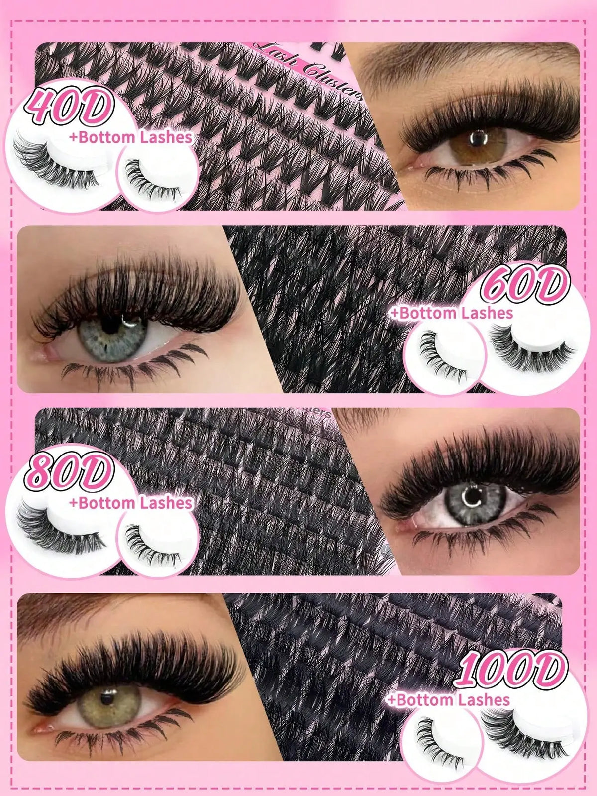 17 Pairs D Curl Cluster Eyelash Extensions, soft reusable fluffy thick upper & lower DIY individual lashes.