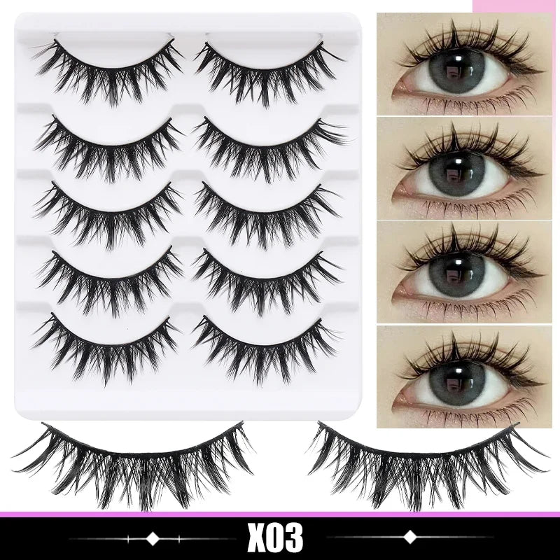 DINGSEN 5 Pairs Manga Lashes Cosplay Fake Eyelashes Strip Lash Soft Natural Look Fox Eye Korean Manhua Makeup False Eyelashes