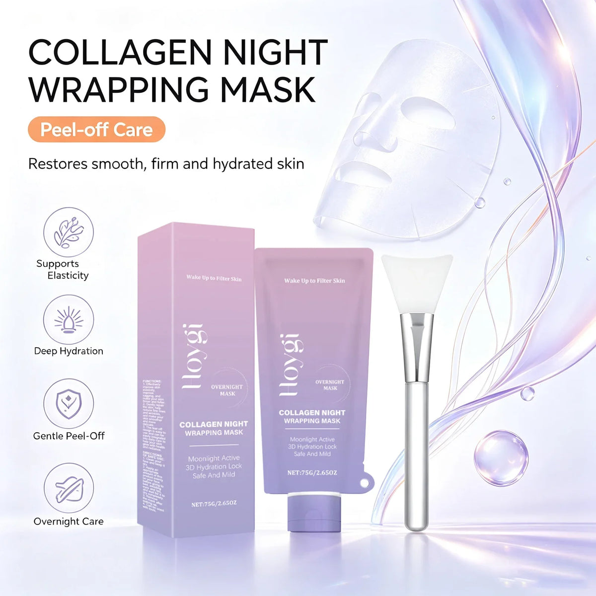 Collagen Night Wrapping Mask Firming Hydrating Glowing Skin Exfoliating Face Mask with Hyaluronic Acid for Deep Cleansing