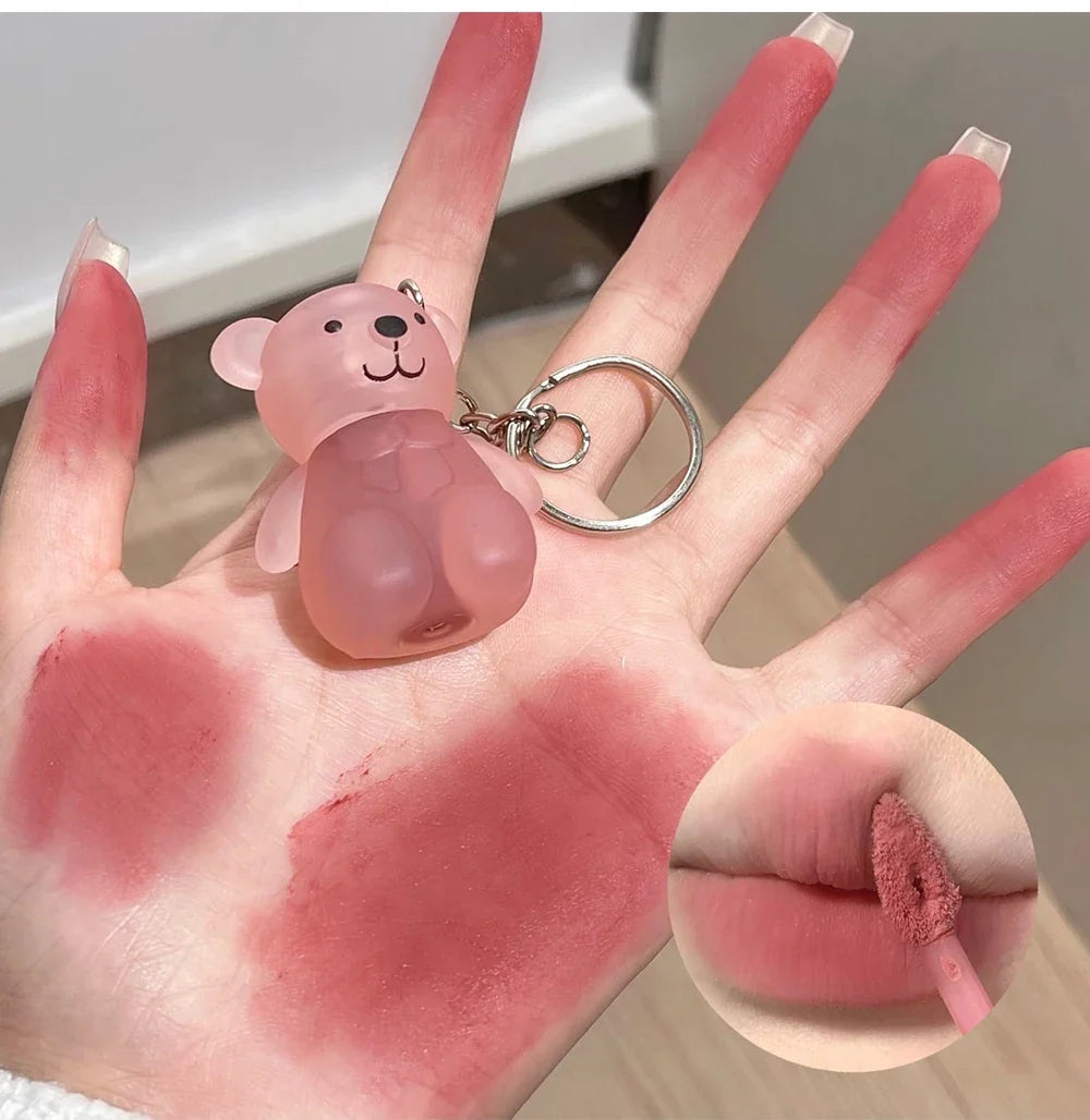 Cute Bear Velvet Lip Mud Keychain Matte Nude Red Lip Gloss Autumn Winter Non-stick Cup Lipstick Waterproof Lasting Lips Makeup
