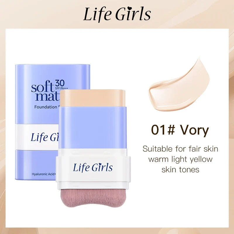 2 in 1 SPF30 Foundation Stick with Built-in Brush Soft Matte Full Coverage Waterproof Long Wear Concealer Makeup Base