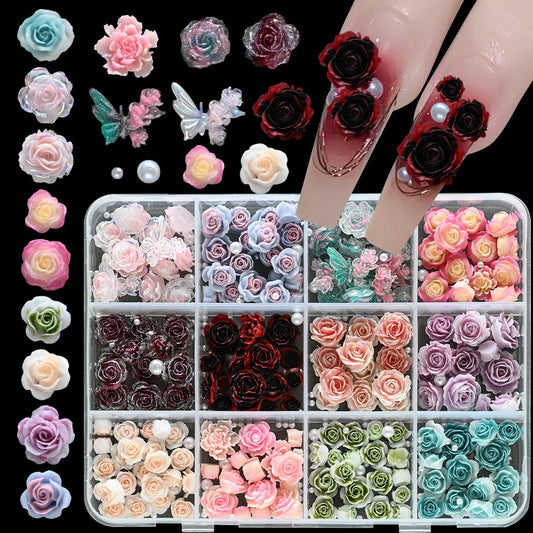 12Grids 3D Gradient Resin Rose Flower Nail Art Charms Colorful Arcylic Nail Art Decorations Pearl Peony Manicure Accessories&^_*