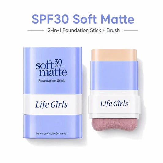 2 in 1 SPF30 Foundation Stick with Built-in Brush Soft Matte Full Coverage Waterproof Long Wear Concealer Makeup Base
