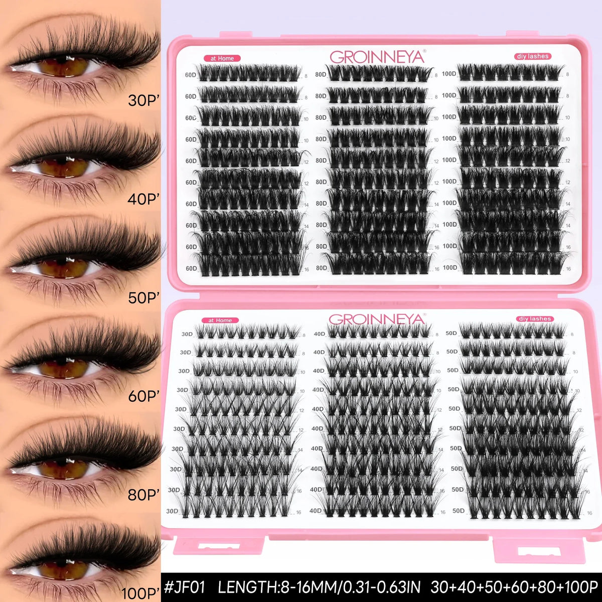 GROINNEYA Lashes Clusters Fluffy Volume Individual Lashes Clusters Eyelashes Wispy Individual Lashes Extensions DIY Eyelashes