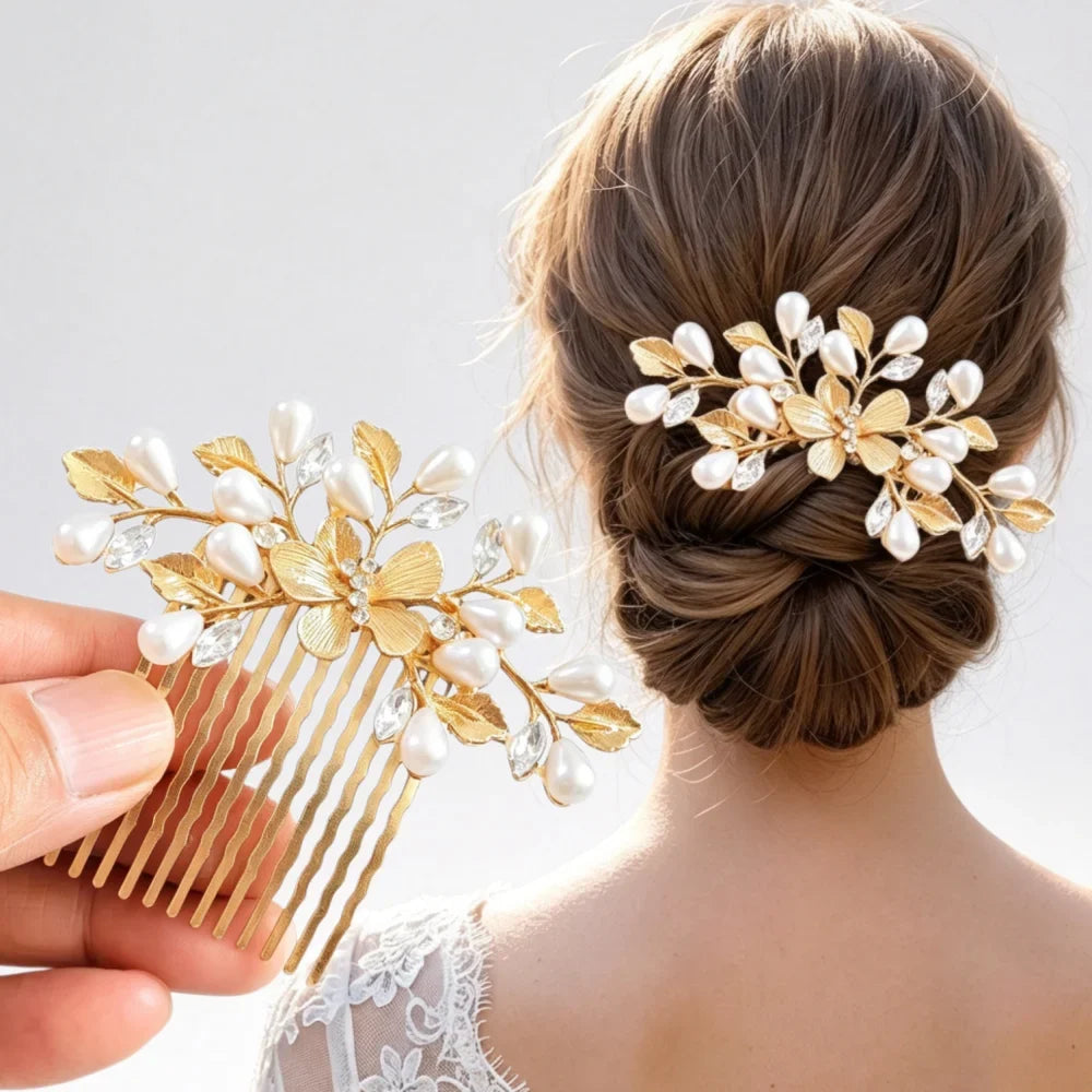 Floral Pearl Rhinestone Hair Comb Elegant Metal Leaf Bridal Hair Clip Pins Wedding Hair Accessory for Bride Updo Hairstyle