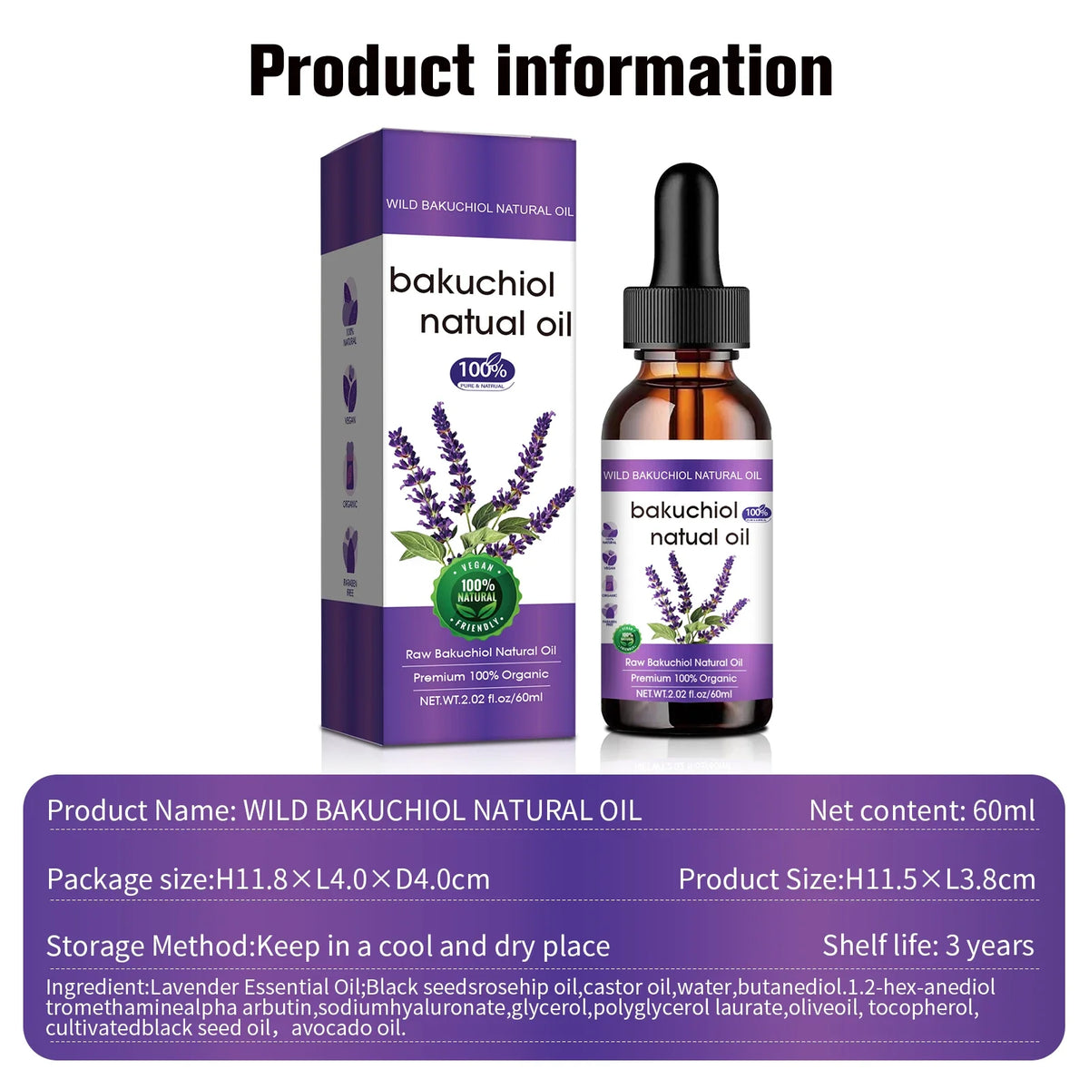 Bakuchiol Anti-Aging Face Oil 60ml - Natural Retinol Alternative with Lavender, Promotes Glowing, Youthful-Looking Skin.