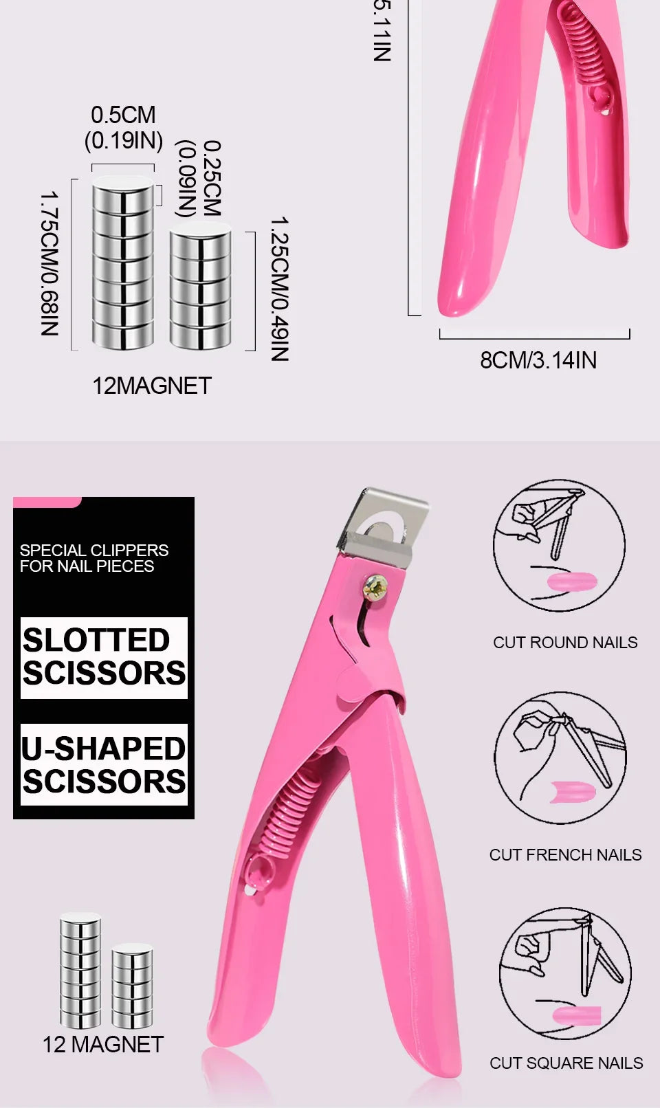 Acrylic Nail Cutter Stainless Steel Clipper Scissors U Word False Tips Trimmer Manicure Tools Straight Cut Kit With 12pcs Magnet