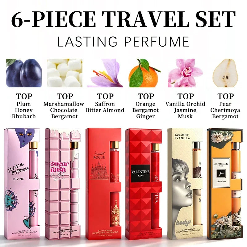 6-piece travel set, men's and women's eau de toilette spray, long-lasting fragrance, 6 different flavors, perfect for holiday gi