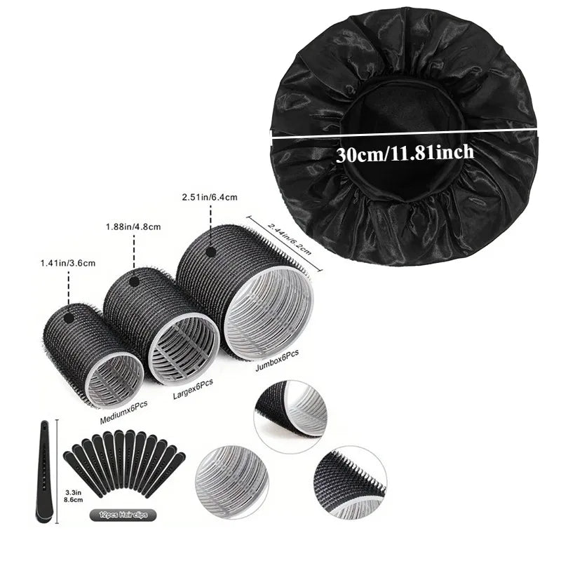 31Pcs Heatless Hair Curlers Set with 18 Self Grip Rollers 12 Clips Satin Nightcap for Overnight Natural Waves Styling Kit