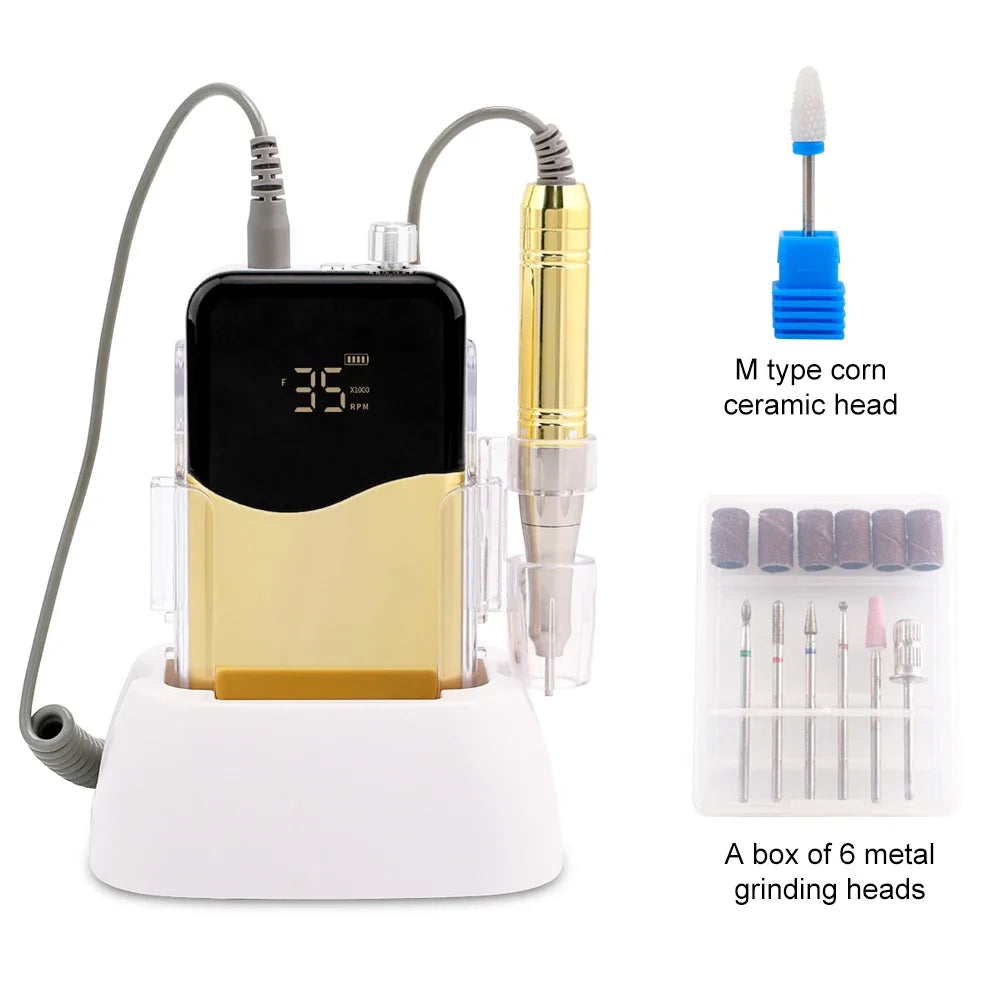 Coreless Motor Handle 35000RPM Portable Professional Nail Drill with Desktop Base 35K Cordless Battery Wireless Powerful Wave