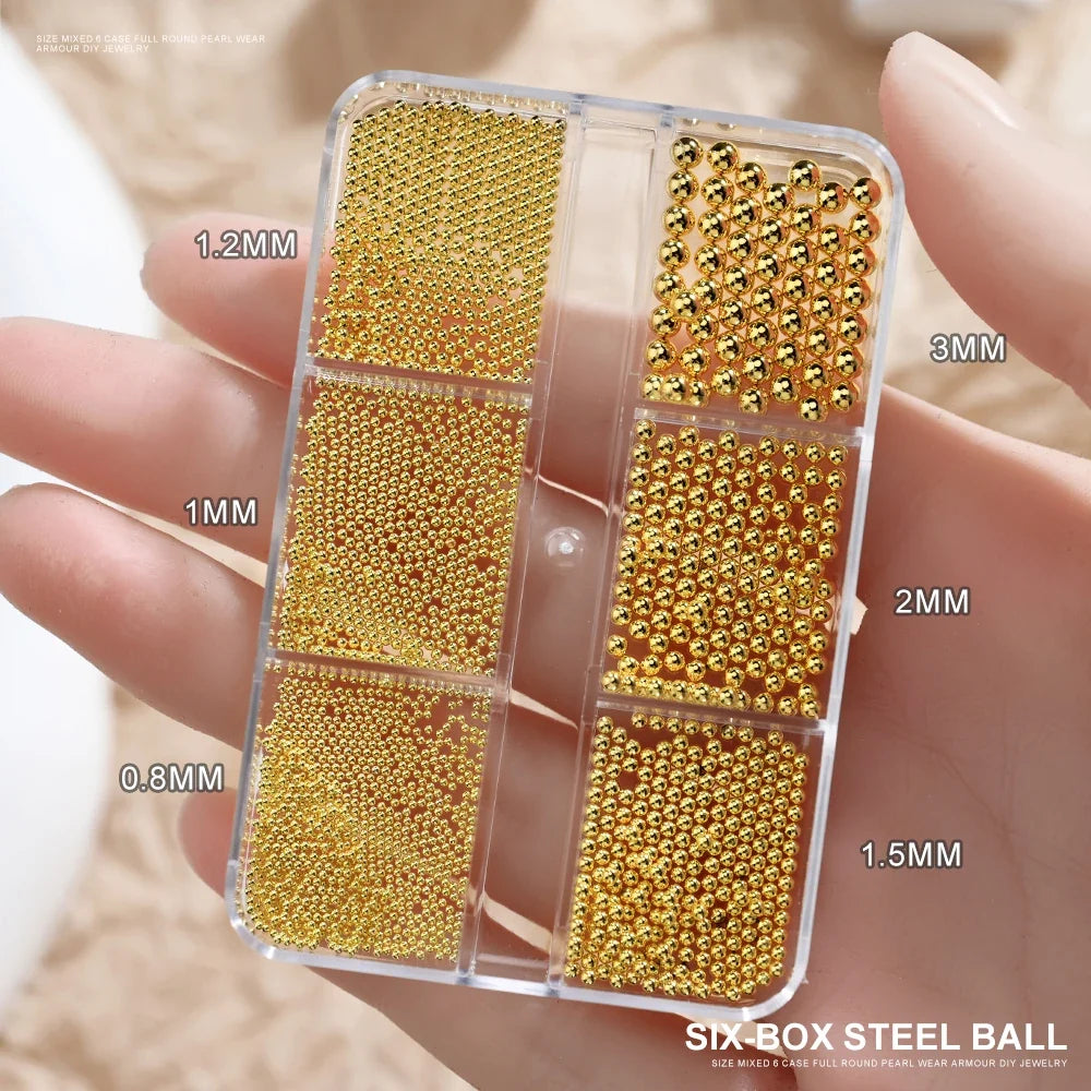 6 Grids Silver Steel Micro Beads Nail Art Decoration, Mixed Sizes-0.6mm 0.8mm 1.0mm, Nail Rhinestones Caviar Beads Nail Supplies