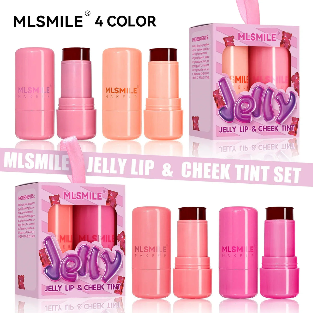 2PCS Jelly Lip&Cheek Tint Set 2 in1 Blush Lip Gloss Stick Hydrating Long-Lasting Refreshing Face Contouring Cream Stick