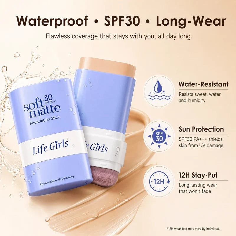 2 in 1 SPF30 Foundation Stick with Built-in Brush Soft Matte Full Coverage Waterproof Long Wear Concealer Makeup Base
