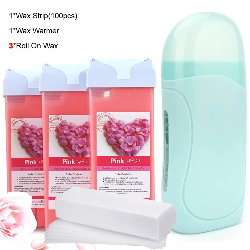 Epilatory Waxing Kit - Rose painless bikini wax Roll-On Wax Includes Heater Machine Refillable Wax And 100PCS Waxing Papers