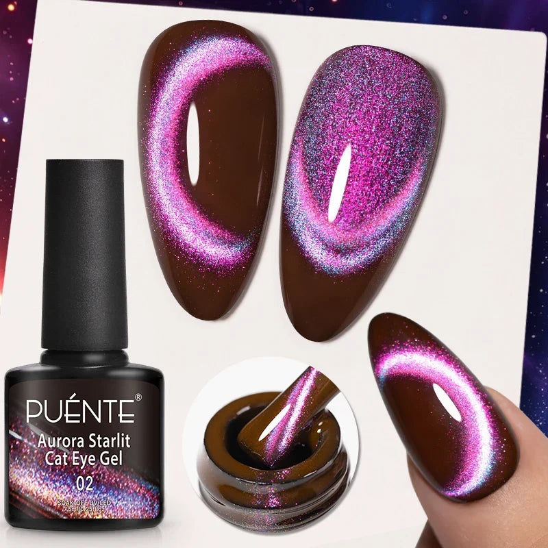 7.5ML Aurora Starlit Cat Eye Gel Nail Polish Rainbow Glitter Galaxy Cat Magnetic Nail Art Gel Soak Off UV Semi-Permanent Varnish