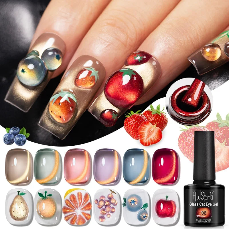 AWStorG 7.5ML Glass Cat Eye Fruit Color Magnetic Gel Nail Polish Vernis Semi Permanent Soak Crystal Gel Polish For Nails