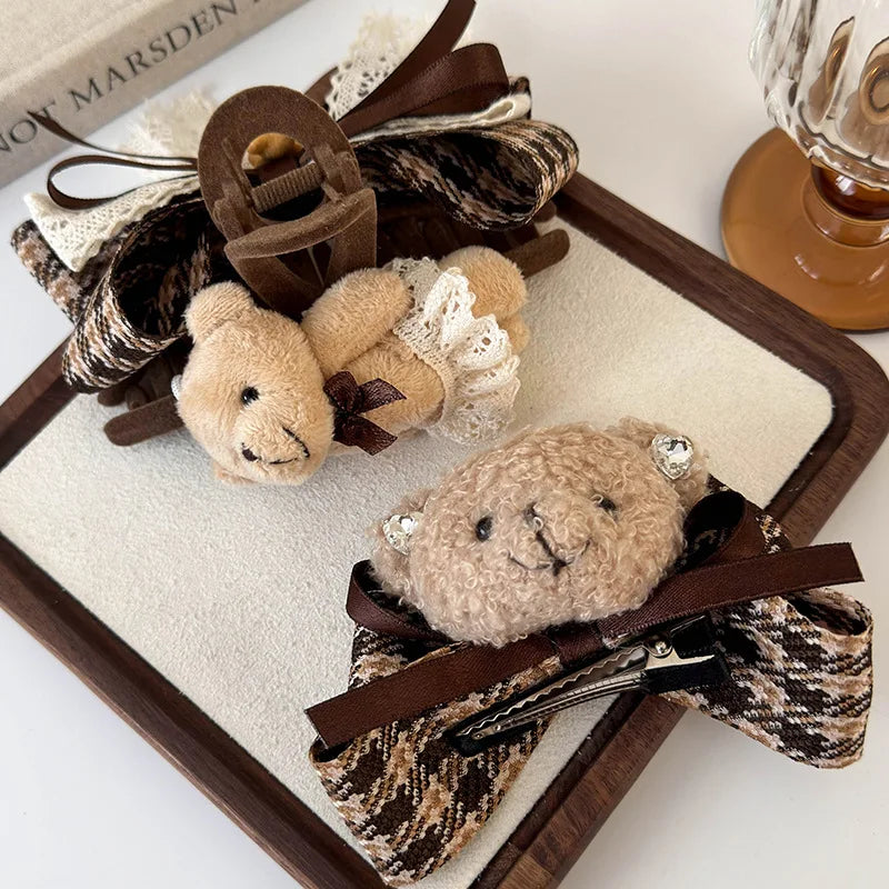 1pc Cartoon fabric teddy bear clip hair clip, new autumn and winter checkered bow headband, shark clip hair clip hair accessory