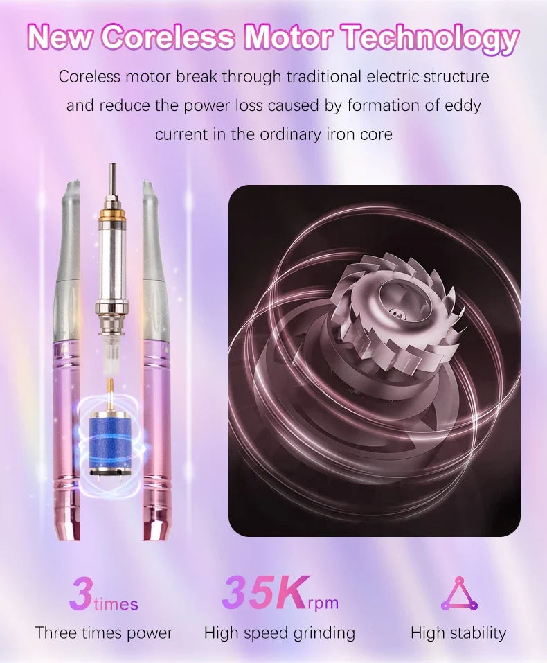 Coreless Motor Handle 35000RPM Portable Professional Nail Drill with Desktop Base 35K Cordless Battery Wireless Powerful Wave