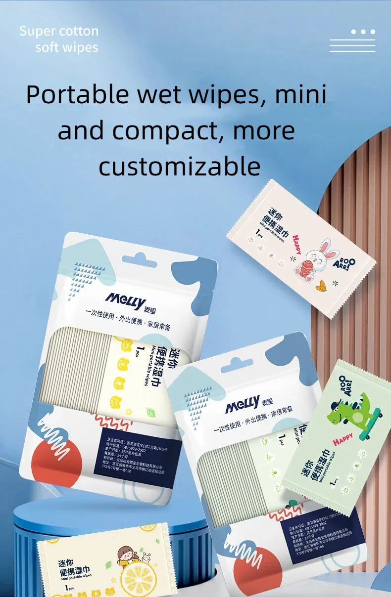50pcs mini portable wet wipes, individually packaged, disposable baby hand and mouth cleaning wet wipes