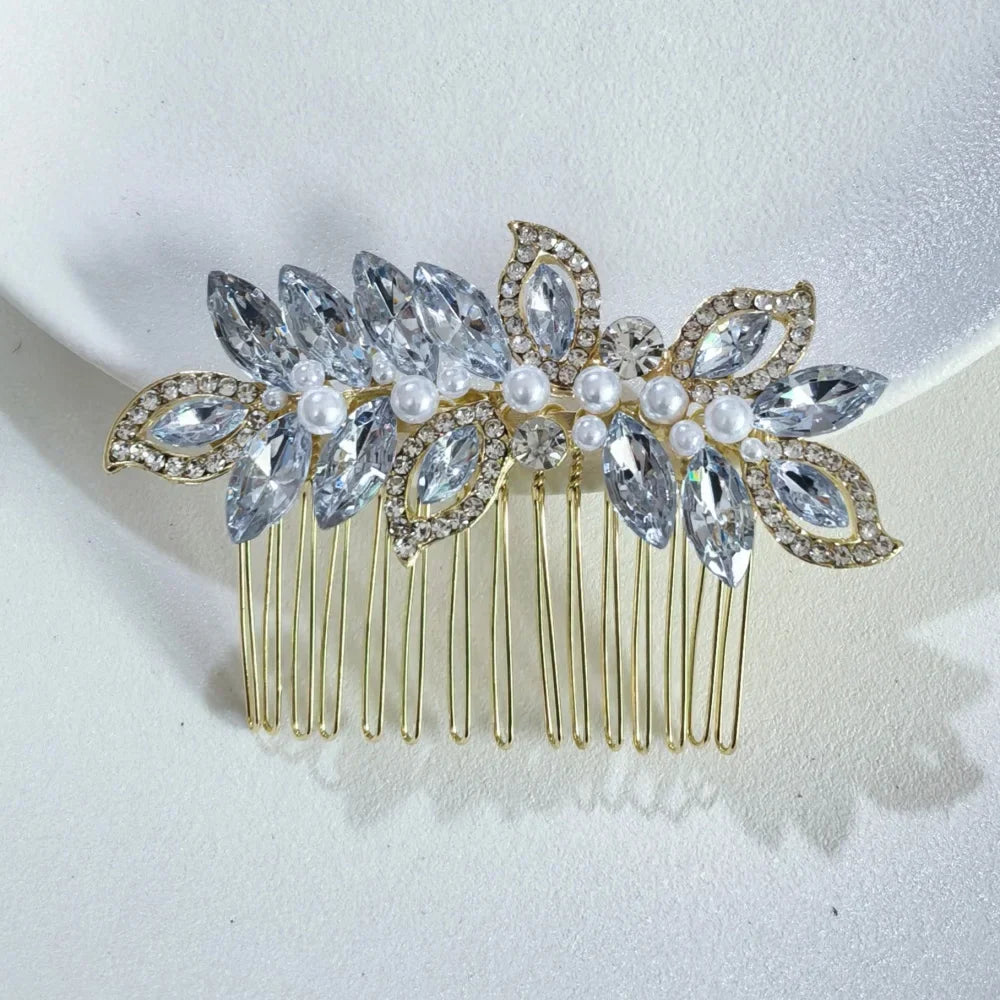 Floral Pearl Rhinestone Hair Comb Elegant Metal Leaf Bridal Hair Clip Pins Wedding Hair Accessory for Bride Updo Hairstyle