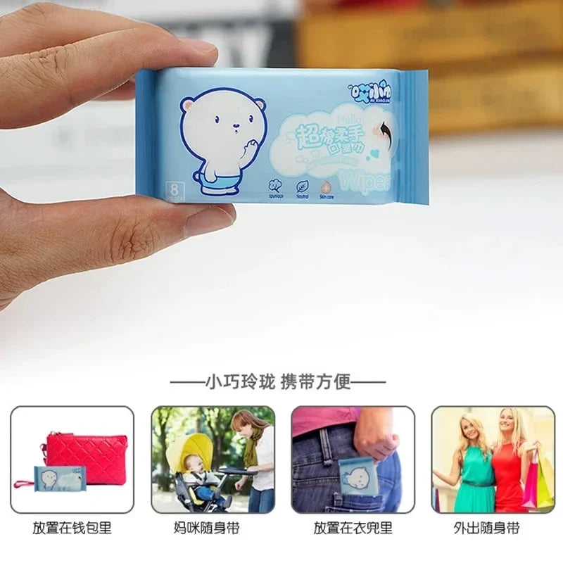 64pcs Disposable Super Mini Wet Wipes Portable Small Package Extraction Hand And Mouth Cleaning Wipes Home School Supplies