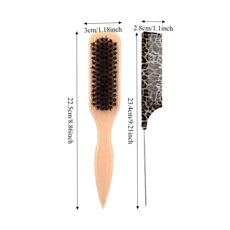 1/2Pcs Boar Bristle Hair Brush Leopard Print Pin Tail Comb Set Wooden Hair Brush Smoothing Teasing and Hair Styling Salon Use