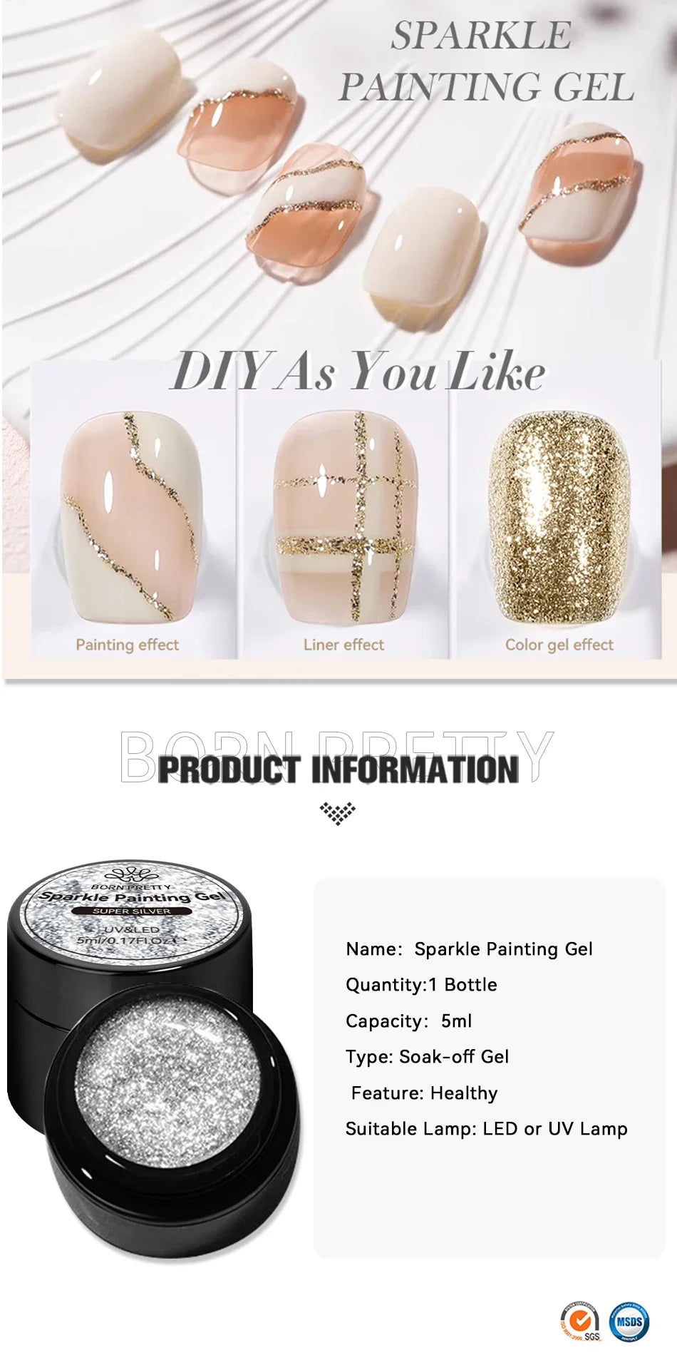 BORN PRETTY 5ml Super Sparkling Painting Gel Nail Polish Platinum Silver Gold Rose Glitter Graffiti Stripe Pull Line Nail UV Gel