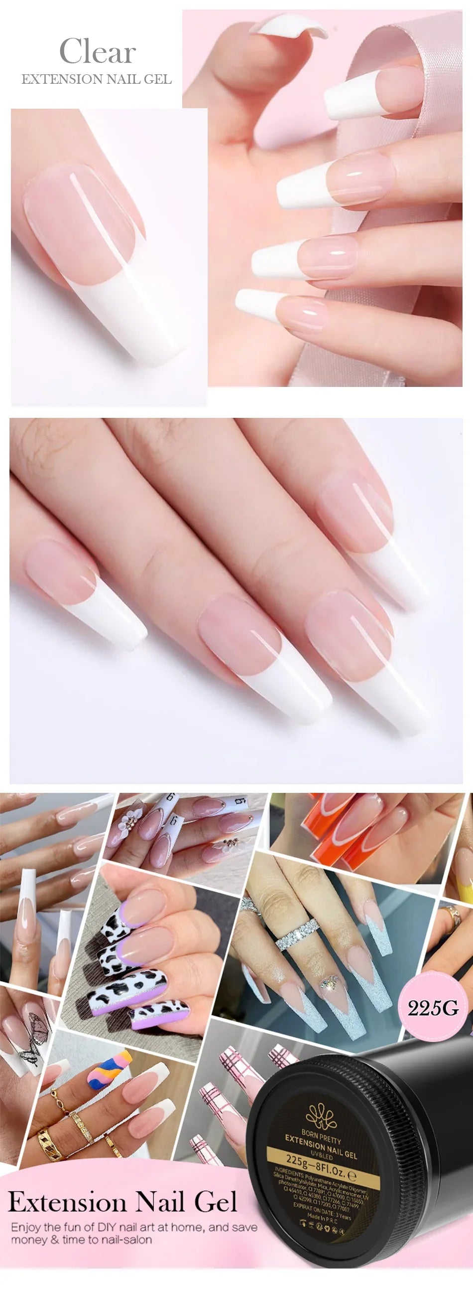 BORN PRETTY 225g Nail Extension Gel Jelly White Pink Clear Gel Nail Polish Quick Extending UV Nail Hard Gels Soak Off Gel Varnis