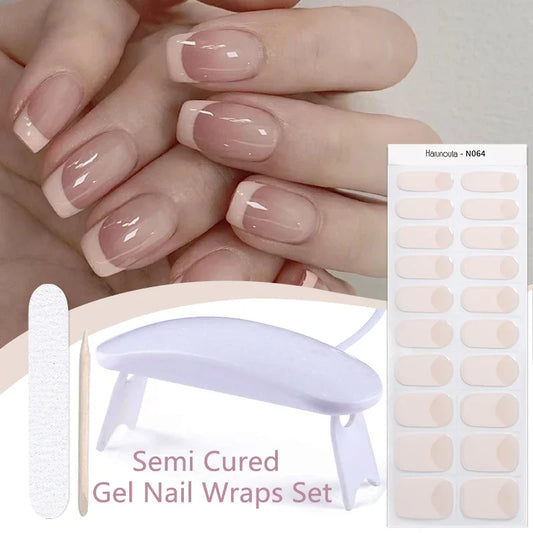 Harunouta 4pcs/set French Semi Cured Gel Nail Strips with Nail Lamp Gel Nail Polish Nail Stickers Fake Nails Manicure Decoration