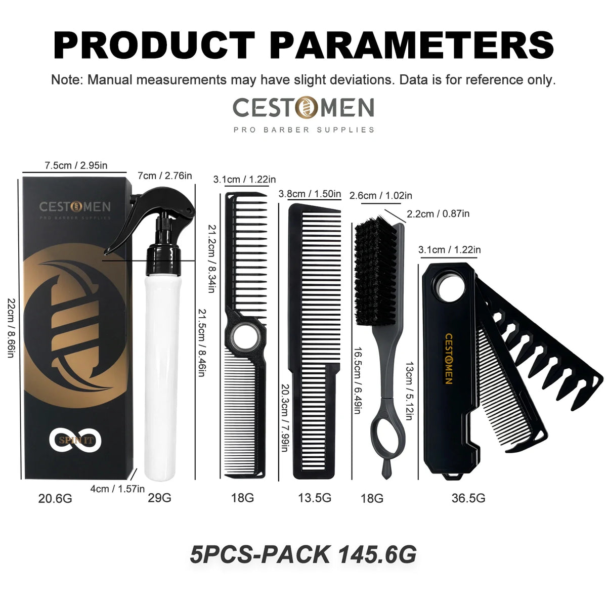 5PCS/Set Pro Barber Fine Mist Spray Bottle Spining Dual-Side Tooth Folding Haircut Comb Duster Hair Cleaning Brush Styling Tools