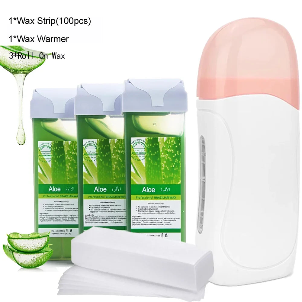 Epilatory Waxing Kit - Rose painless bikini wax Roll-On Wax Includes Heater Machine Refillable Wax And 100PCS Waxing Papers