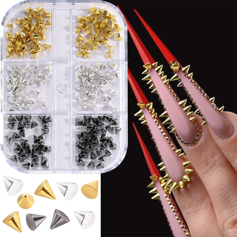 6Grid/Box Y2K 3D Mixed Metal Punk Pointed Cone Nail Rivet Gold/Silver/Gun Black Alloy Spike Nail Charms Flat Bottomed Nail Stud