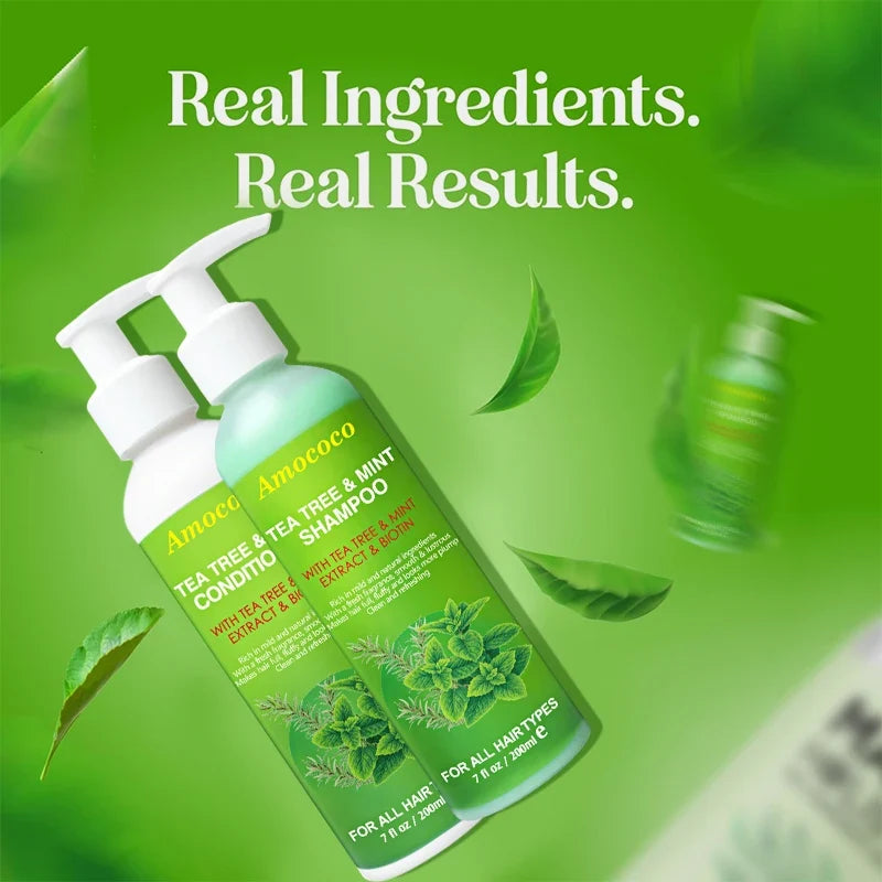 Amococo 2pcs X 200ml Tea Tree Shampoo and Conditioner Set with Mint Biotin Refreshing Scalp Care Hair Care Duo Volumizing Smooth Hair Formula for All Hair Types