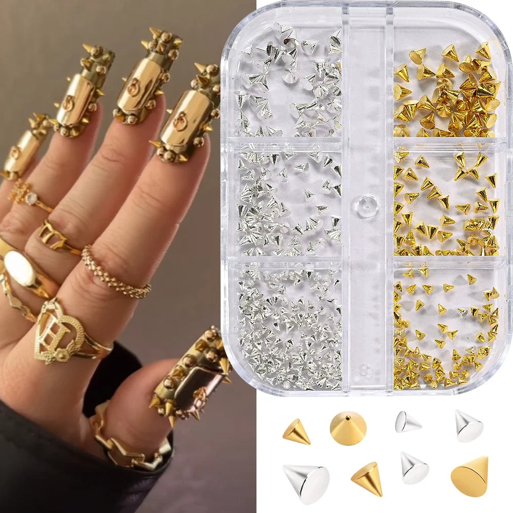 6Grid/Box Y2K 3D Mixed Metal Punk Pointed Cone Nail Rivet Gold/Silver/Gun Black Alloy Spike Nail Charms Flat Bottomed Nail Stud