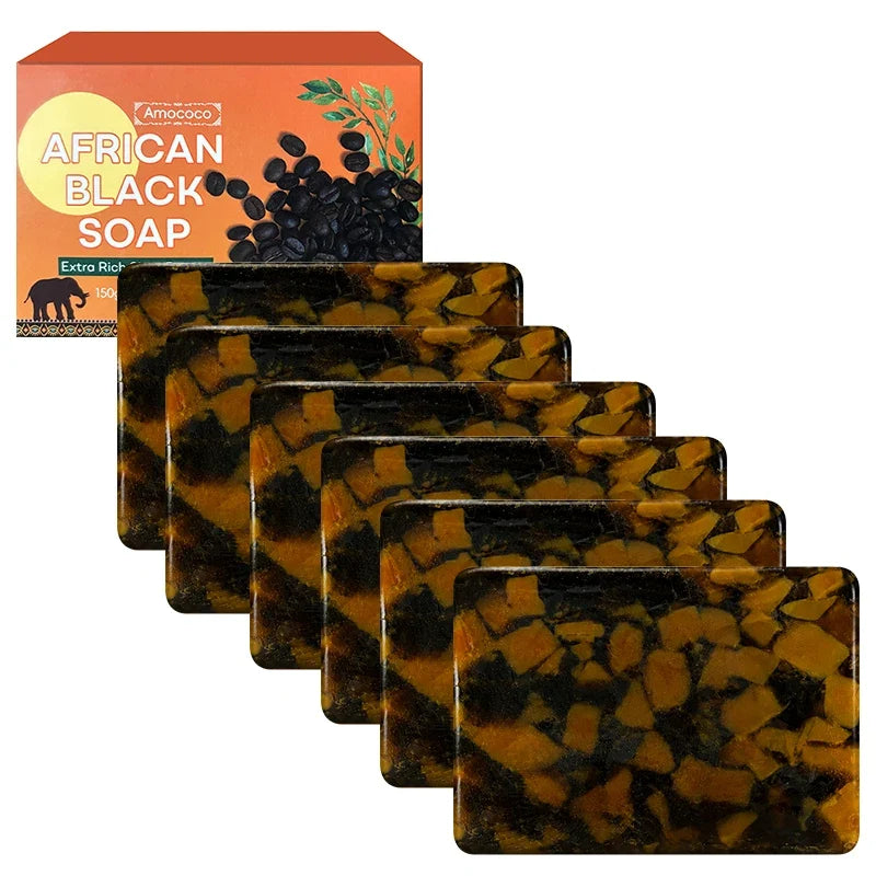 Amococo 3/6pcs African Black Soap Bar 150g Shea Butter Body Soap Moisturizing Cleansing Bath Soap with Coconut Oil Caffeine Neem Extract Natural Skin Care Soap for Men Women Dry Skin