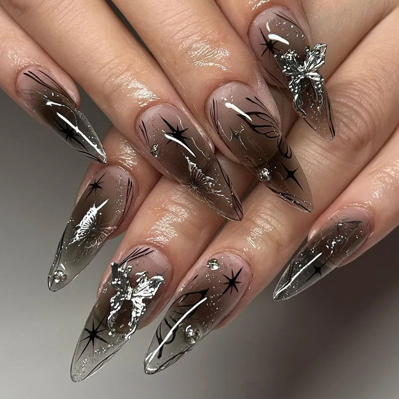 Black Cool Fake Nails Halloween Bat Press on Nails Almond Decorated Nail Tips Rivet Bow False Nails 24pcs Reusable Acrylic Nails