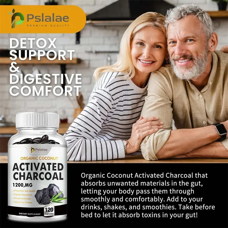 Activated Charcoal Capsules 1,200 Mg - Organic Coconut Shell, Helps Relieve Gas & Bloating, Detox & Bowel, Digestive Supplement