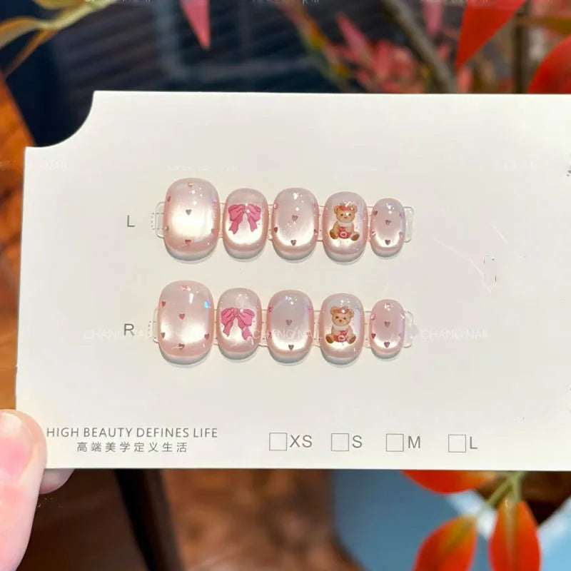 30pcs Cute Silver Press on Nails Glitter Cat Print Fake Nail Short Square Black Base Cartoon Kitten False Nail for Women&Girl