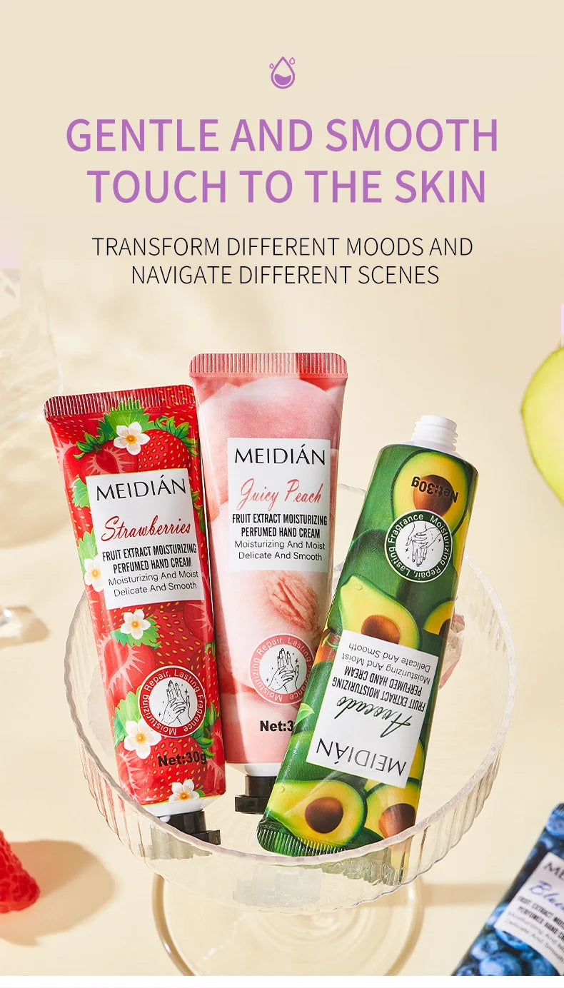Five piece fruit scented hand cream for moisturizing and long-lasting fragrance retention. Hand care mask cream