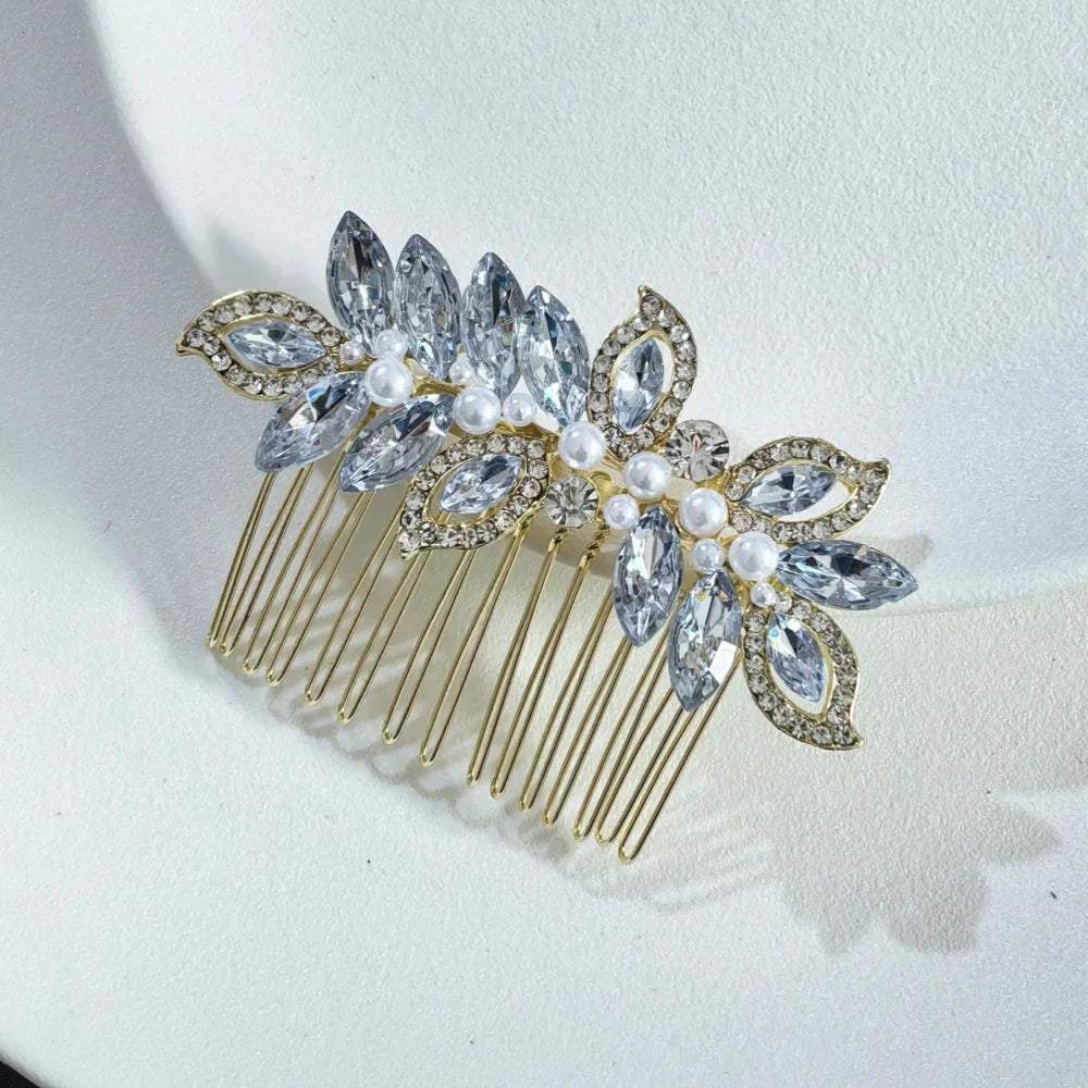 Floral Pearl Rhinestone Hair Comb Elegant Metal Leaf Bridal Hair Clip Pins Wedding Hair Accessory for Bride Updo Hairstyle
