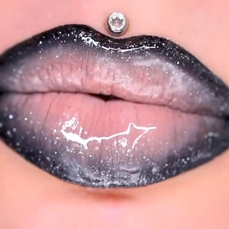 Black Gothic Lip Gloss Mirror Moist Matte Gothic Pure Black Silver Fine Flash Lip Glazed Low Saturation Lasting Lip Tint Makeup