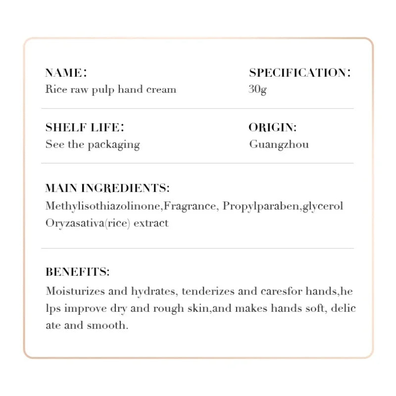 BIOAOUA Rice Raw Pulp Hand Cream Moisturizing Brighten Anti-cracking 30g